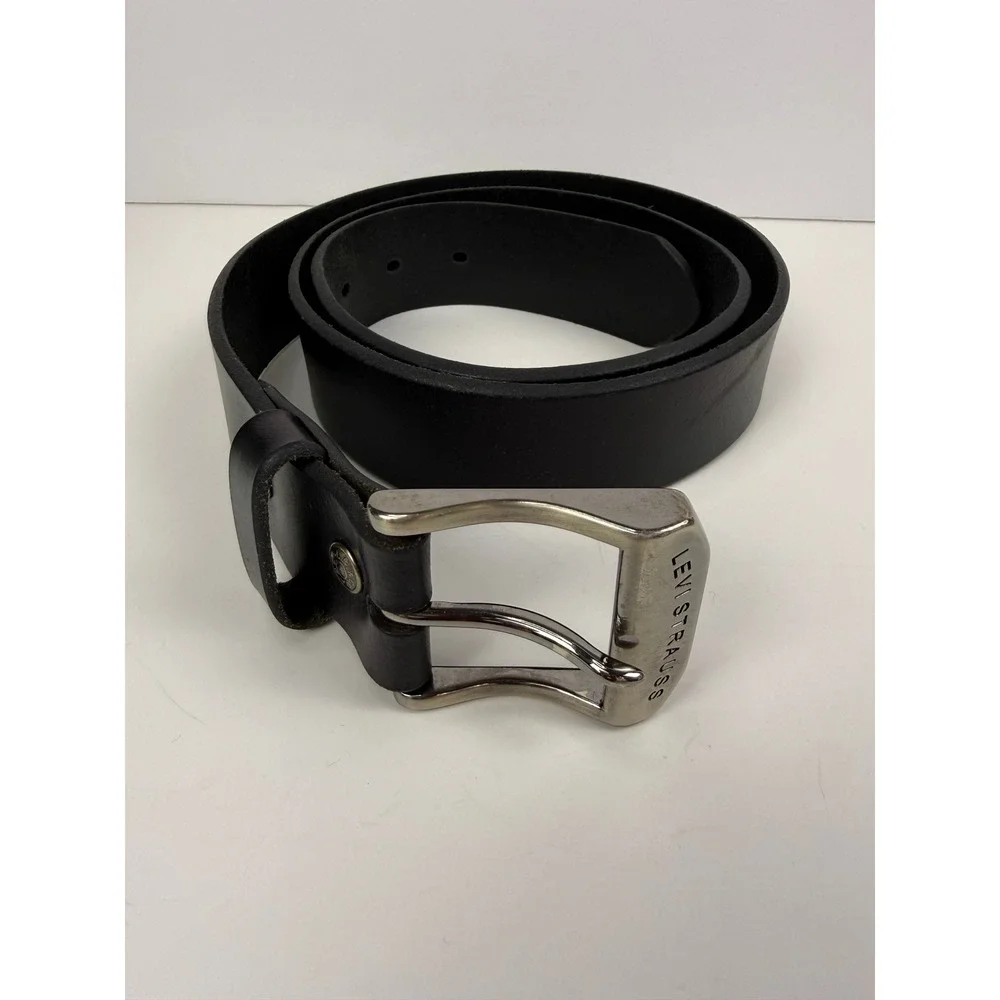 Levis Mens Leather Belt Black Size 38 Silver Tone Harness Buckle Logo Engraved